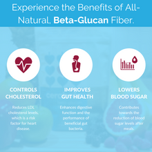 Load image into Gallery viewer, Experience the Benefits of All-Natural, Beta-Glucan Fiber. | Controls Cholesterol: Reduces LDL Cholesterol Levels, which is a risk factor for heart disease. | Improves Gut Health: Enhances Digestive Function and the performance of beneficial gut bacteria. | Lowers Blood Sugar: Contributes towards the reduction of blood sugar levels after meals.
