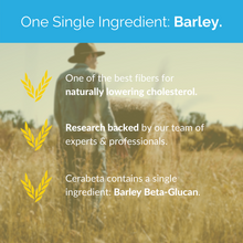 Load image into Gallery viewer, One Single Ingredient: Barley. | One of the best fibers for naturally lowering cholesterol. | Research backed by our team of experts and professionals. | Cerabeta contains a single ingredient: Barley beta-glucan.
